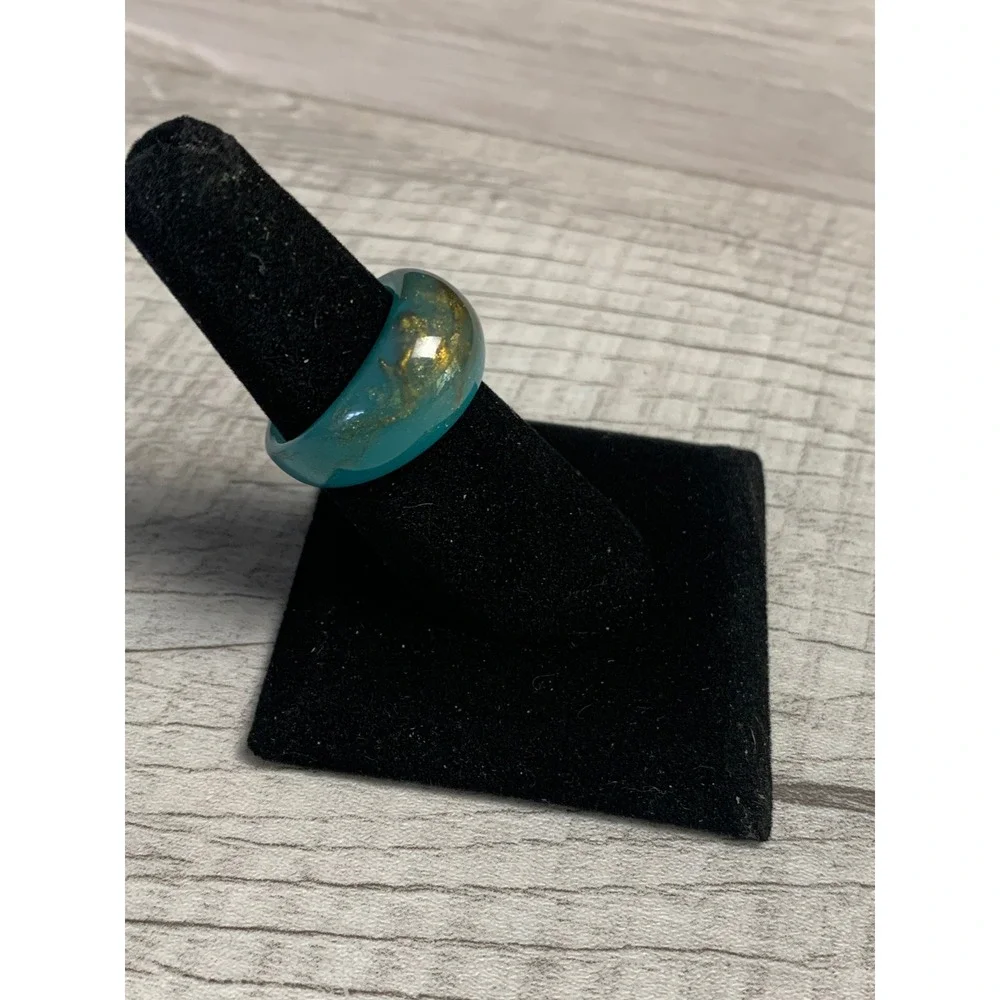 Teal Resin Dome Ring with Gold Flakes Chunky Statement Band Size 8.25 Turquoise